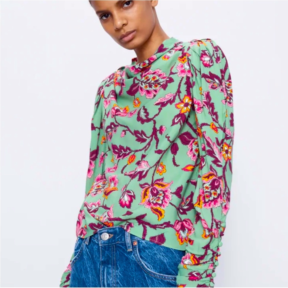 ZARA Vintage Style Draped Long Sleeve Top With Floral Print Green M